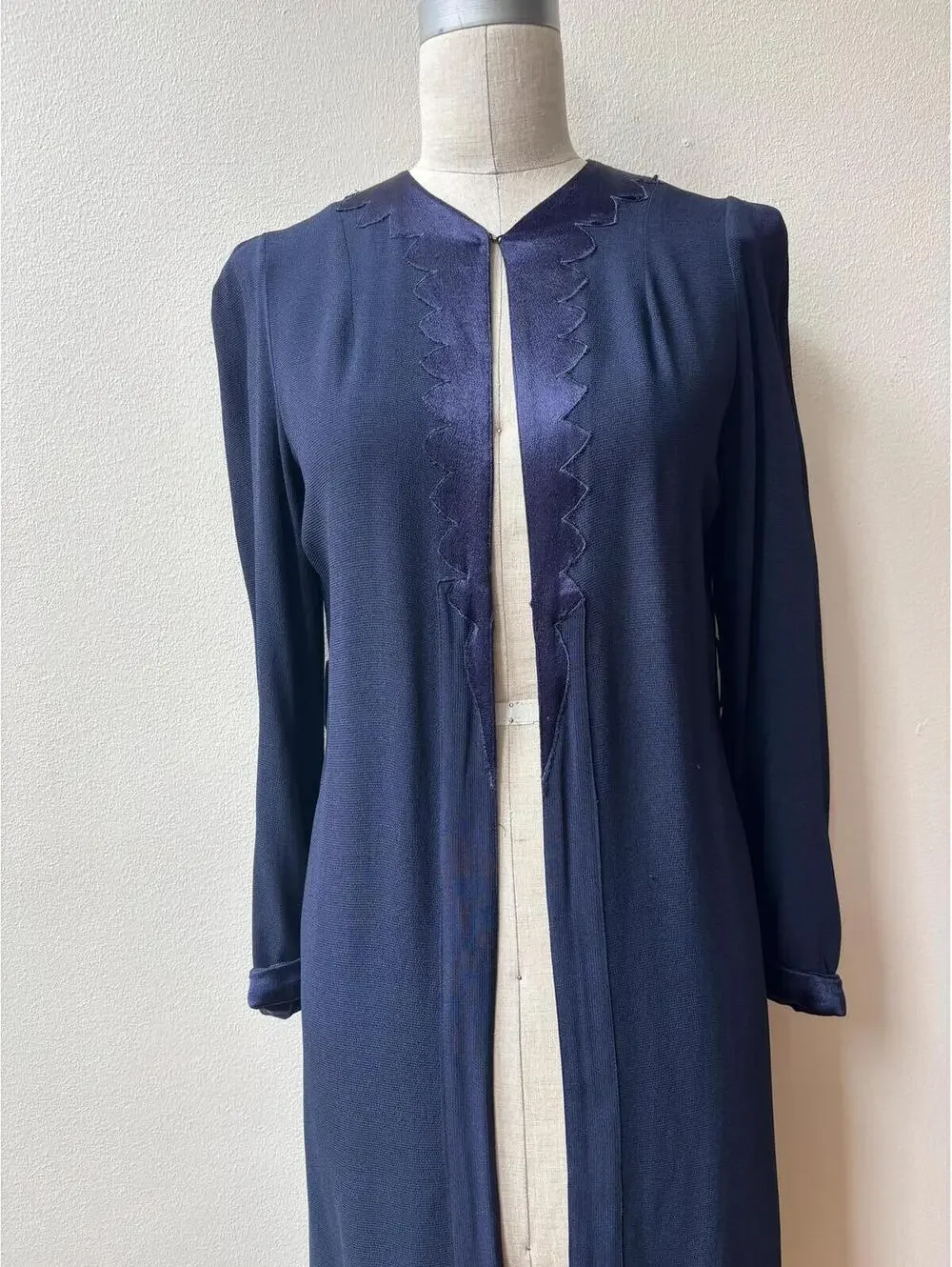Vintage 1940s Lightweight Navy Satin Trimmed Duster Cardigan
